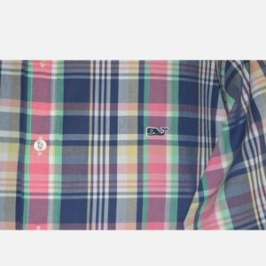 vineyard vines men's large plaid slim fit whale shirt button down blue pink